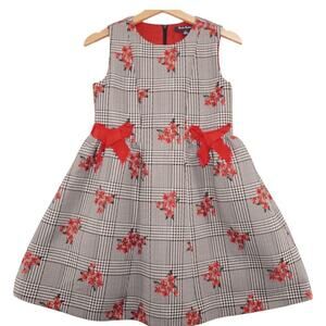 Brooks Brothers Floral Houndstooth Dress Girls Size 14 Red Bow Accent Holiday